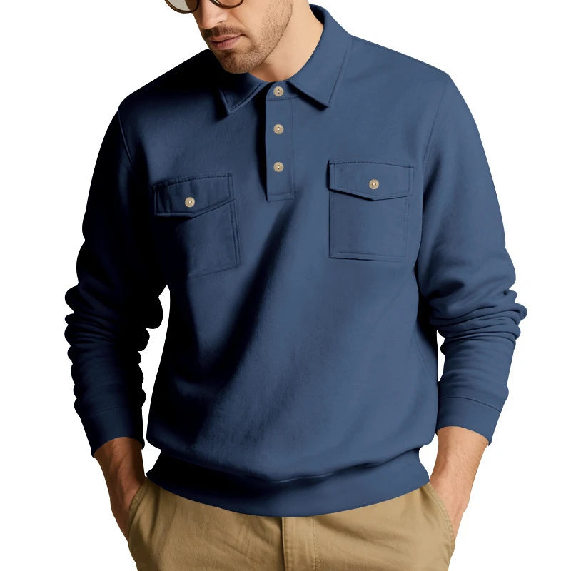 Men's 2026 European Size Heavyweight Sweatshirt, American Spring Autumn, Double Pocket Cargo Moto Style, Casual Turn-Down Collar