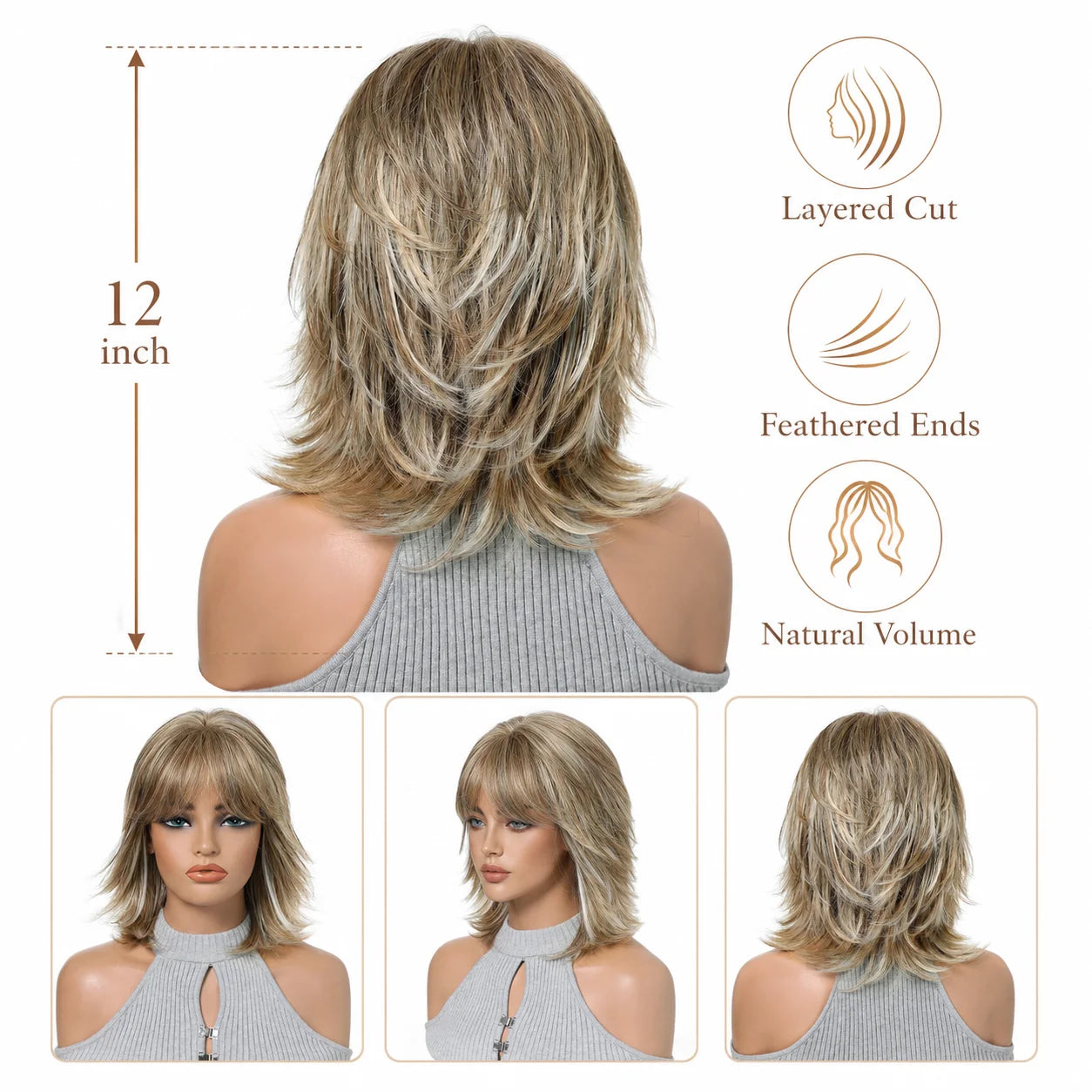 Fashionable wig headband with golden short hair, layered short curly hair, synthetic synthetic synthetic wig headband