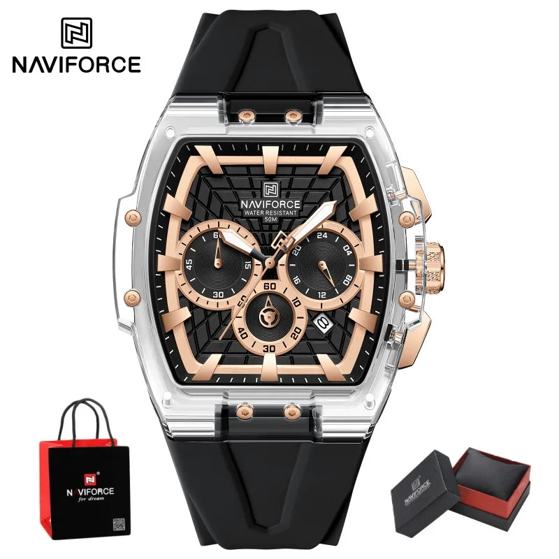 NAVIFORCE Mens Sport Watches 5ATM Waterproof Chronograph Tonneau Silicone Strap Luminous Casual Quartz Male Wristwatch Gifts box