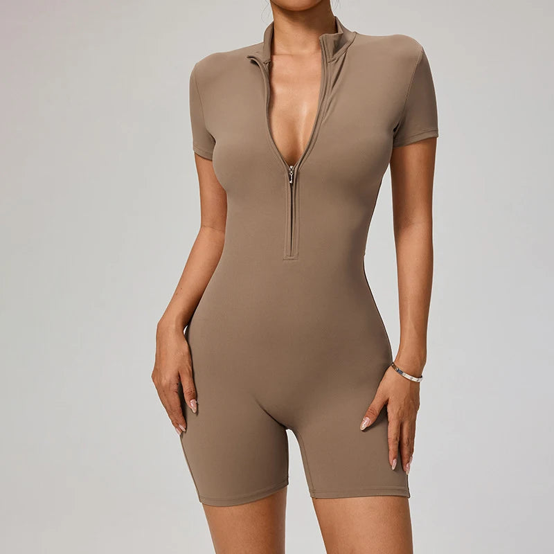 SOISOU Zipper Jumpsuit Women Short Sleeves Clothing Sportswear Woman Gym Yoga Sport Sets Nylon Workout Sets Women Tracksuit
