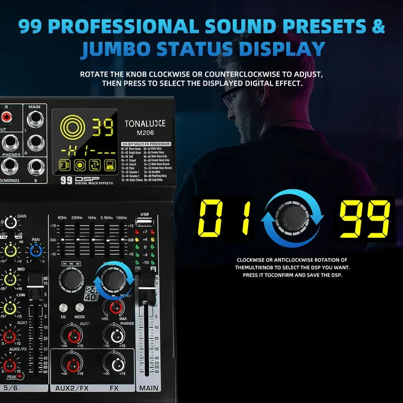 Fuluode M206/M208 Audio mixer 99 Preset DSP Effects 7-Band EQ Adjustment on Main Output Bluetooth USB MONO Input Connectivity