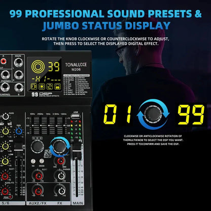 Fuluode M206/M208 Audio mixer 99 Preset DSP Effects 7-Band EQ Adjustment on Main Output Bluetooth USB MONO Input Connectivity