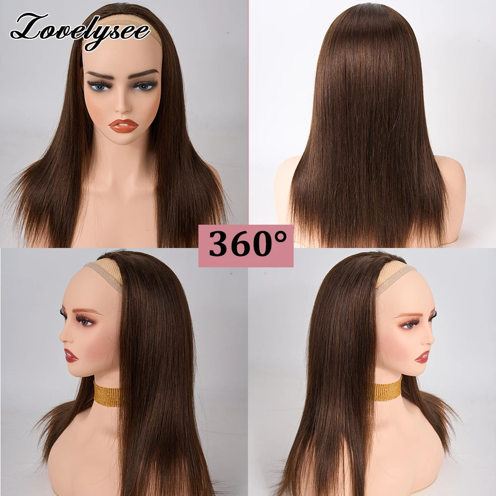 Lovelysee 3/4 Half Wig Human Hair With Clip in Hair Extensions Silky Straight Remy Hair Brown Color Soft 150% 180% Wig For Women