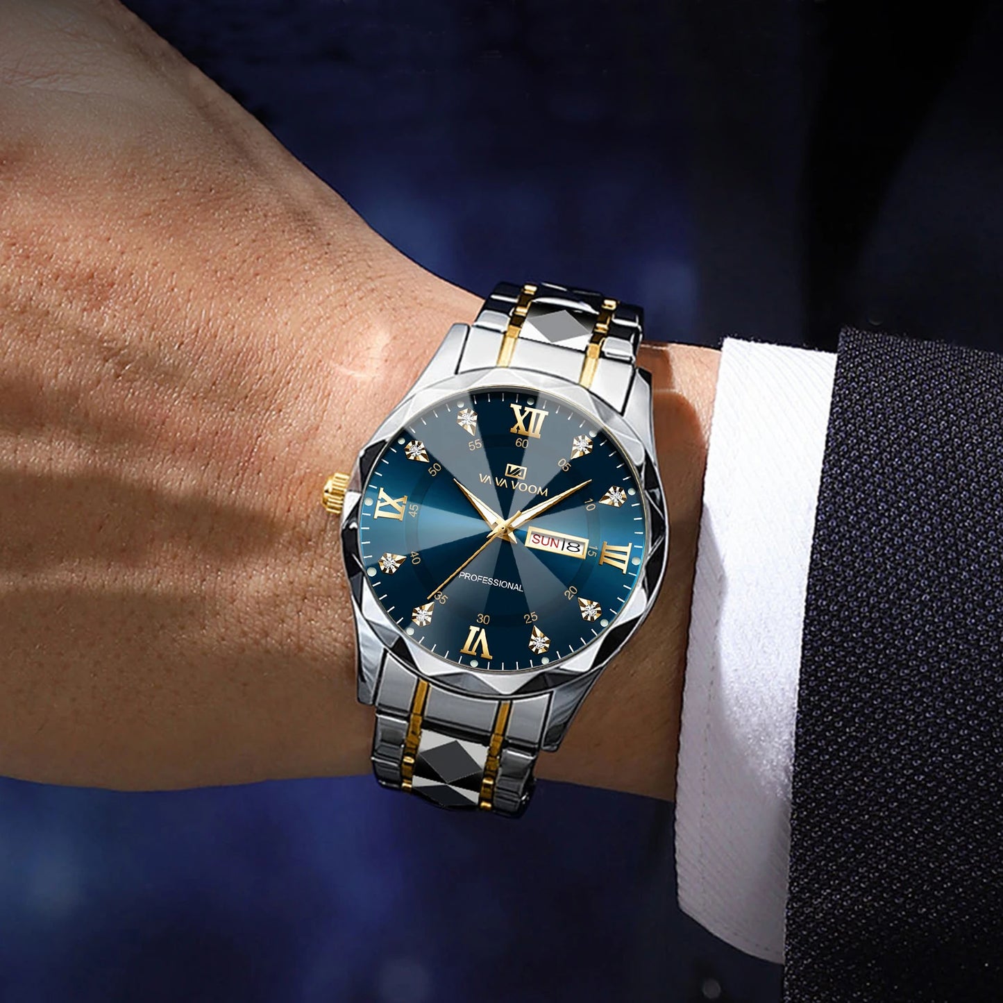 VA VA VOOM Hot Selling Original Blue Gold Quartz Watch Men Fashion High Quality Japanese Movement Gold Stainless Steel Fashion Clock Sports Gift Watch Men Rhombus Design Business Quartz Watch Men Fashion Gold Clock Sports Gift Watch for Men