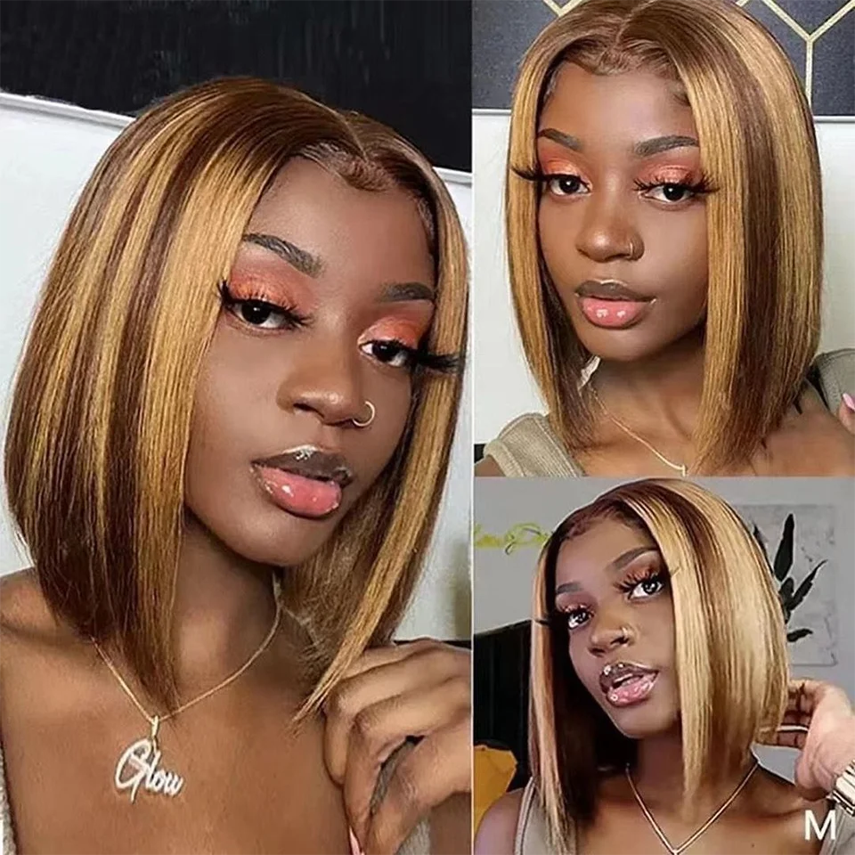Highlight Dark Brown Blonde Straight Bob Wig 200 Density Virgin Human Hair 13x4 Lace Front Wigs HD Lace Wigs For Black Women