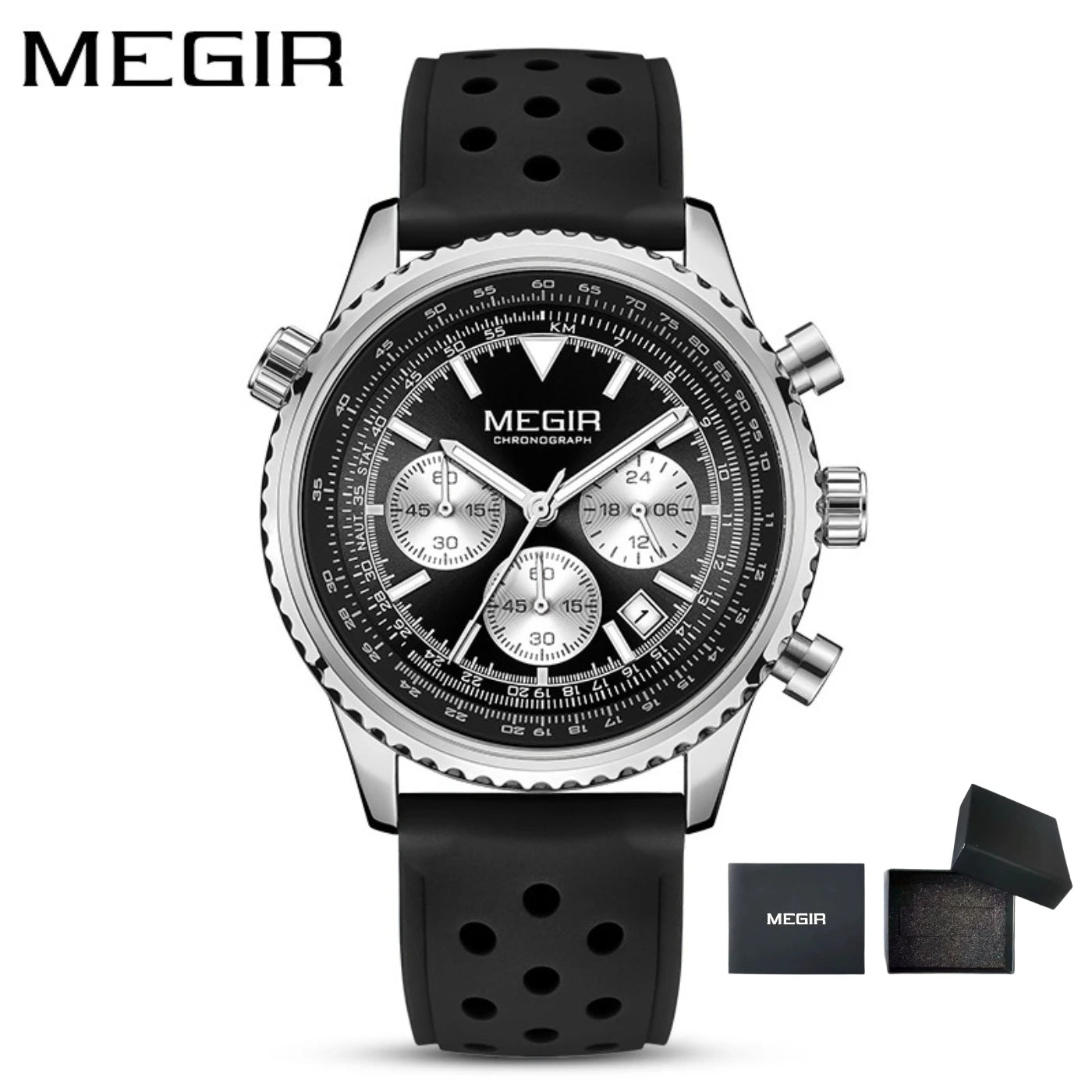 MEGIR Silver Black Quartz Watch Men Military Sport Chronograph Wristwatch with Silicone Strap Luminous Hands Auto Date 2236
