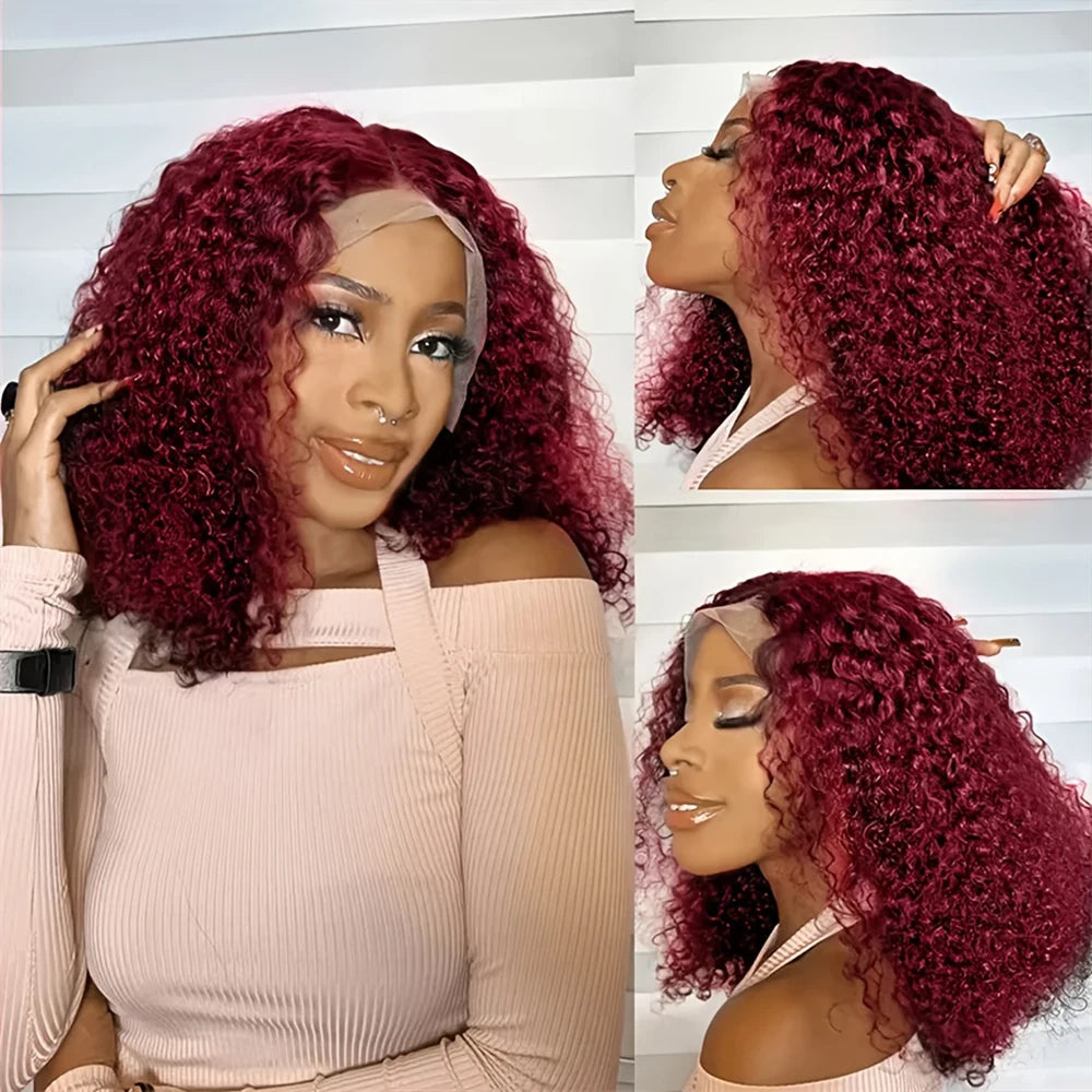 99J Burgundy Color Deep Wave Short Bob Human Hair Wigs 13x4 Lace Front Wig 10-16 Inch 100% Human Hair Curly Bob Wig 250% Density