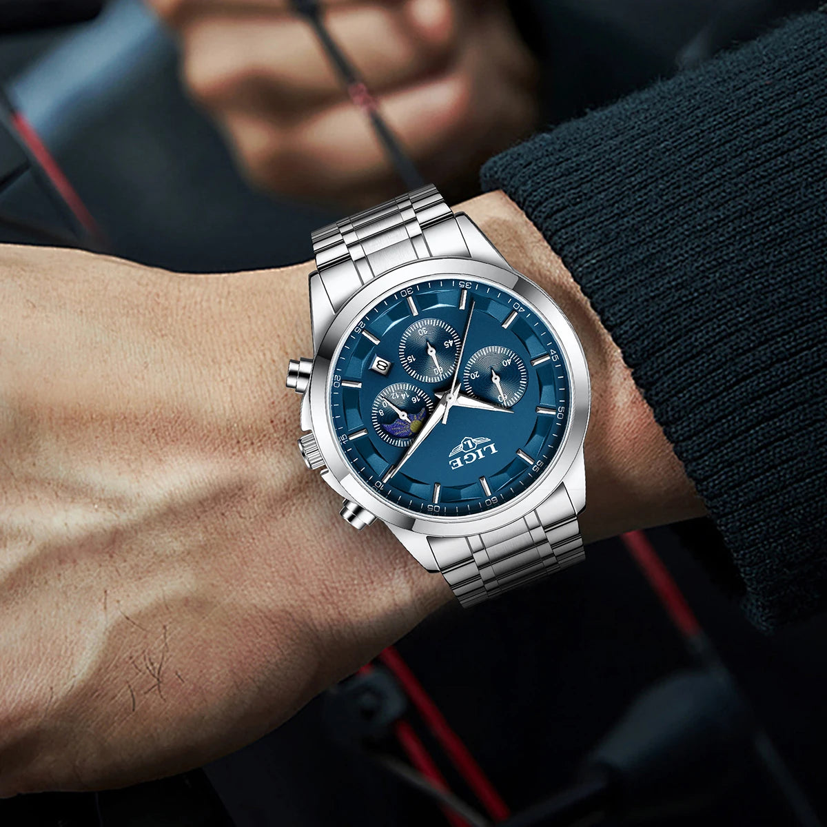LIGE Luxury Fashion Quartz Man Watch Classic Business Auto Date Gentlemen Steel Band Moon Phase Waterproof Watches for Men Male