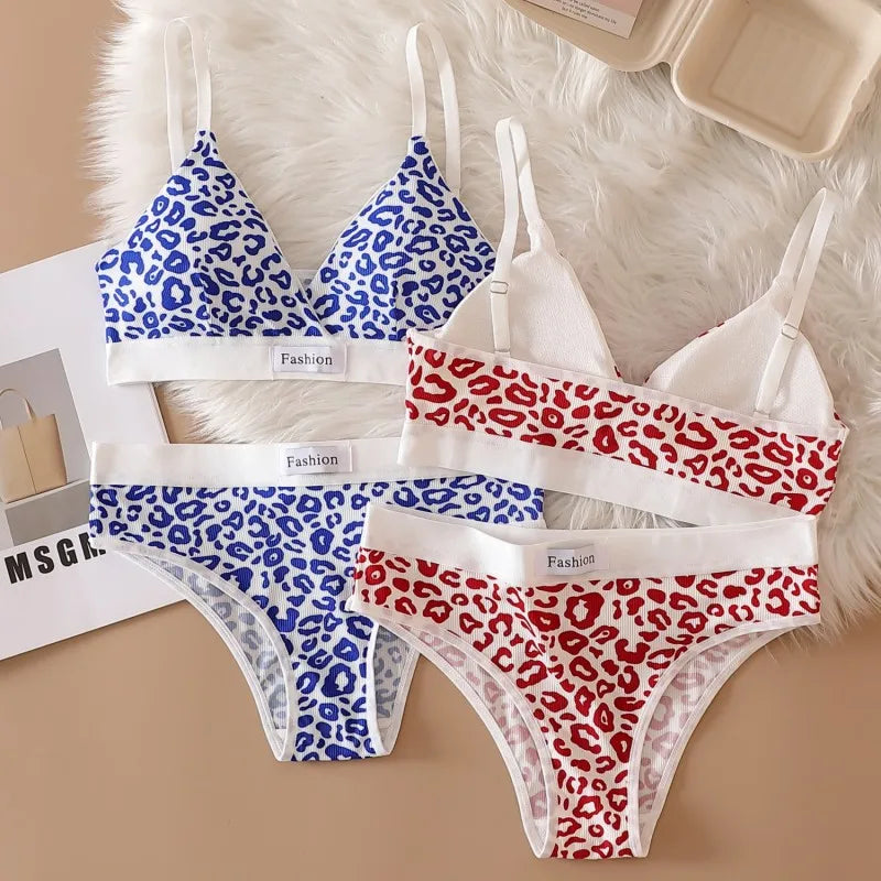 Women Push-Up Bra And Panties Set V-neck Non-wire Bra Low Waist Briefs Female Sexy Lingerie Cotton Leopard Print Underwear Set