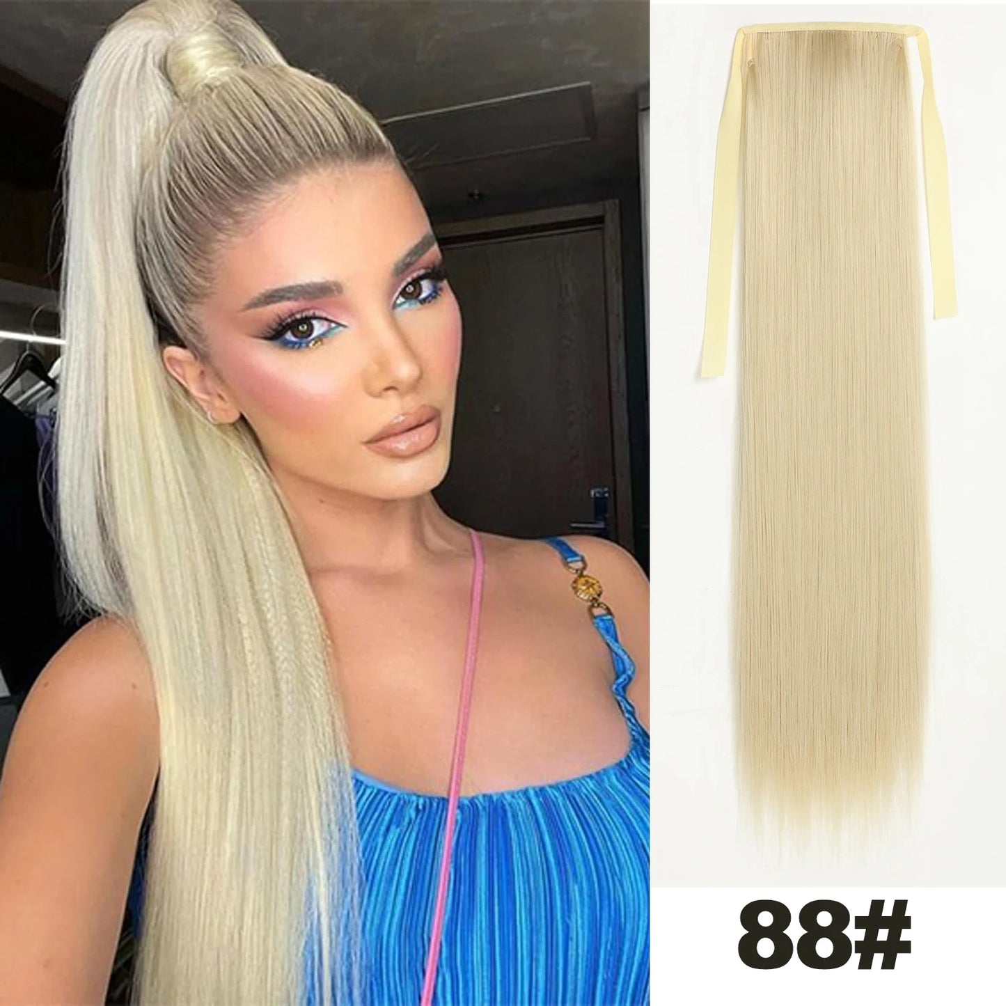 Straight Long Ponytail Extensions 22inch Natural Black Wrap Around Synthetic Hair Piece Pony Tail Hair Hairpieces for Women Girl