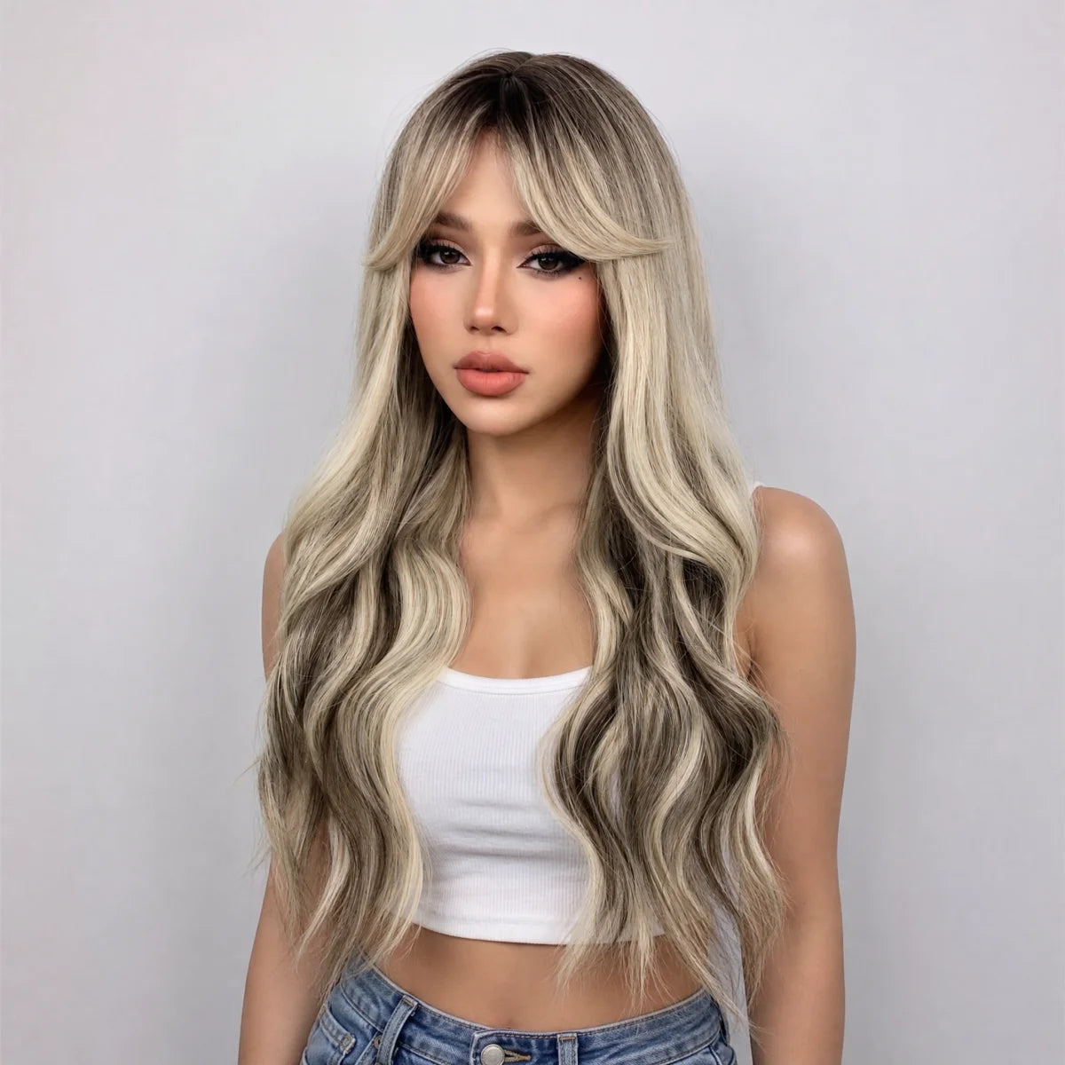 REEWES Ombre Blonde Long Black Wavy Synthetic Wig With Bang Daily Wear Anime Cosplay