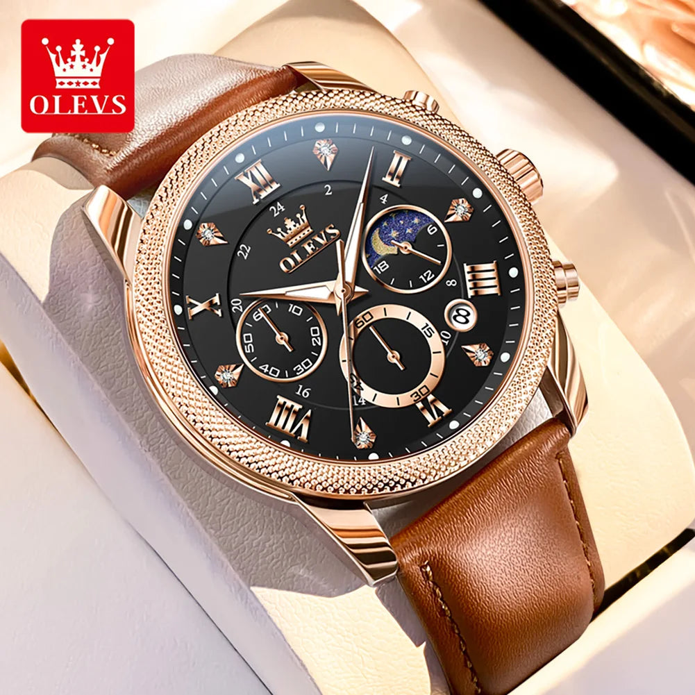 OLEVS Original Fashion Men's Watches Trendy 30m Waterproof Date Quartz Watch for Man luminous box moon phase Brand wristwatch