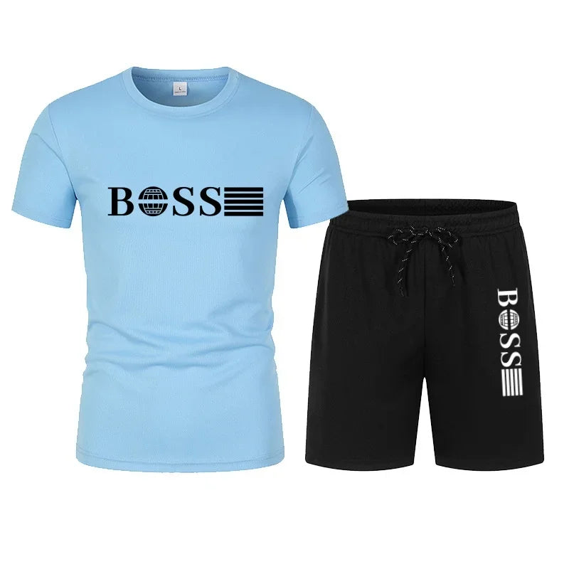 Summer new men's mesh two-piece running T-shirt and short casual elastic round-neck sports suit, comfortable and quick-drying