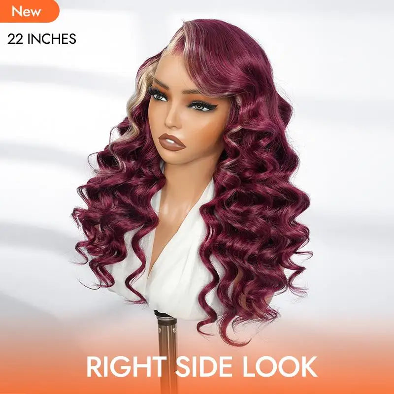 Alipearl Hair Side Part 13x4 Burgundy 99J Wig with Blonde Ombre Human Hair Lace Frontal Wig Ocean Wave Glueless Wig Pluck