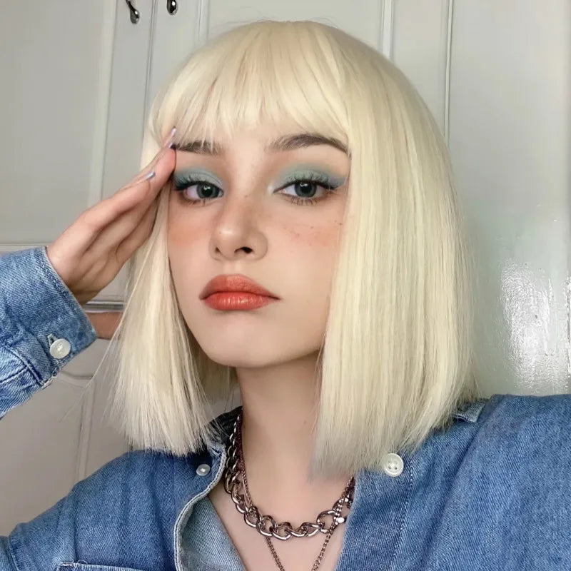 Light blonde fashion synthetic wig Short female Bob hair Female short straight high temperature silk wig head cover