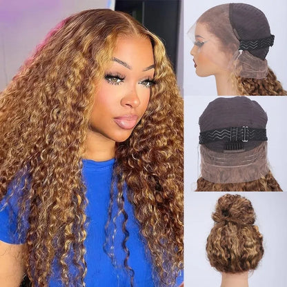 Highlight Ombre Hidden Strap 360 Drawstring Wigs Human Hair Pre Plucked Pre Bleached 260 Density Deep Wave Full Lace Frontal Wig
