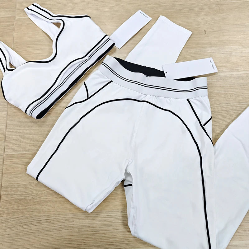 Yoga Suit Women Sport Set Pilates Clothing High Waisted Elasticized Leggings Hip Lifting Pants Gather Top Vest Strip Workout Set