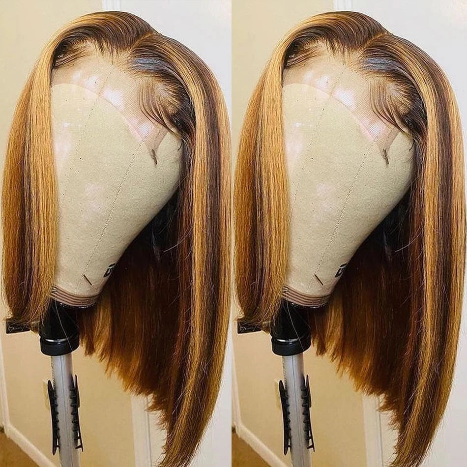 Highlight Dark Brown Blonde Straight Bob Wig 200 Density Virgin Human Hair 13x4 Lace Front Wigs HD Lace Wigs For Black Women