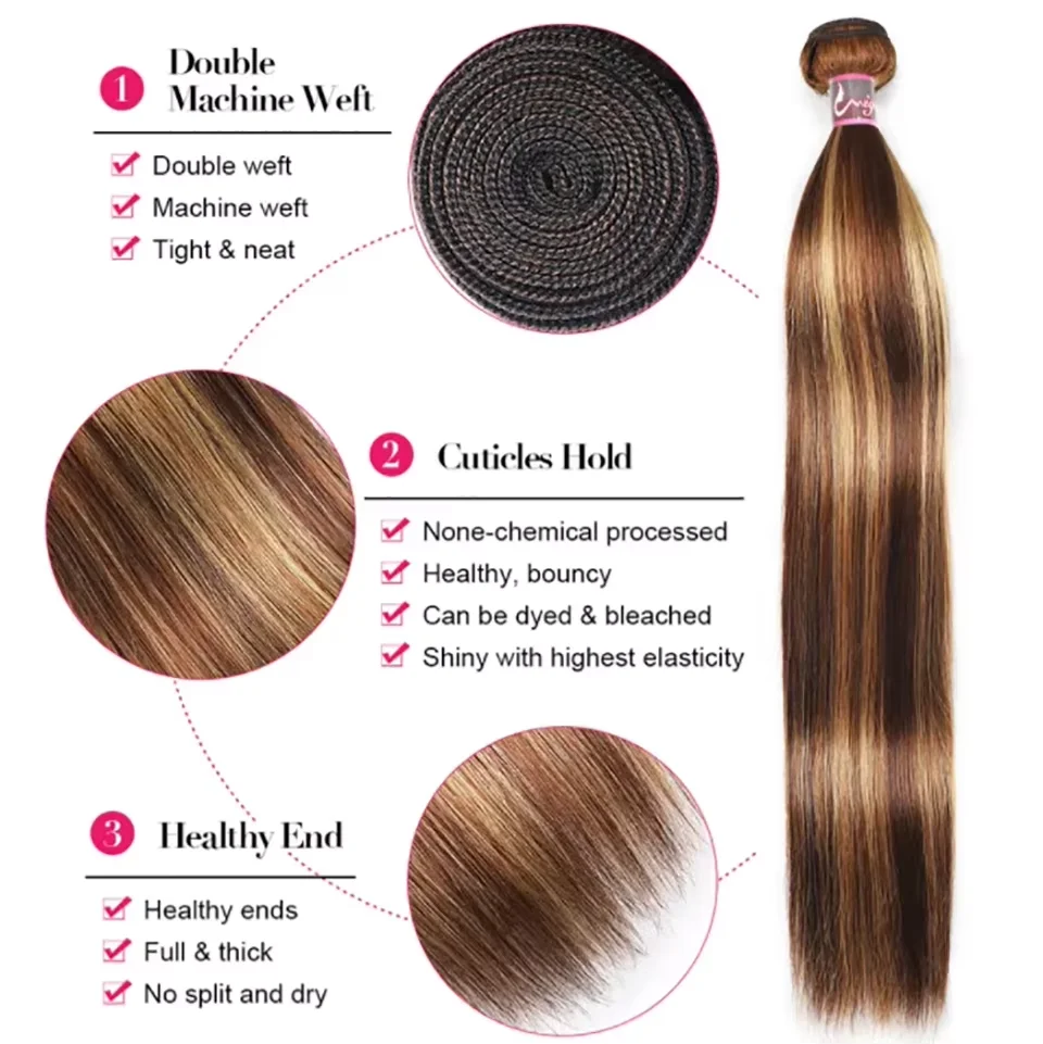 Human Hair Weaves Highlight Straight 1/3 Bundles P4/27 Honey Blonde Brown For Women Brazilian Straight Bundles Human Hair Virgin