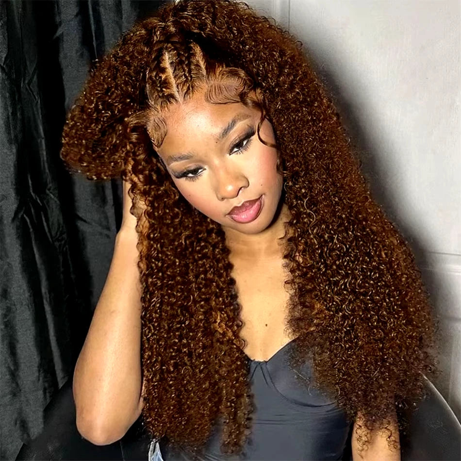 34 Inch Deep Wavy Lace Front Wig in Chocolate Brown Featuring 200 Density And 13X6 HD Lace. This Curly Human Hair Wig Is Ideal for Women And Comes with Pre-Added Natural Hair Threads in Shade 4 Brown