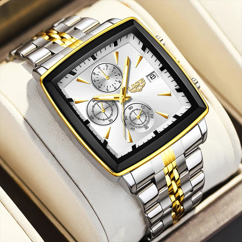 LIGE Business Men's Watches Square Waterproof Luminous Sports Quartz Watch Stainless Steel Strap Calendar Relogios Masculino+Box