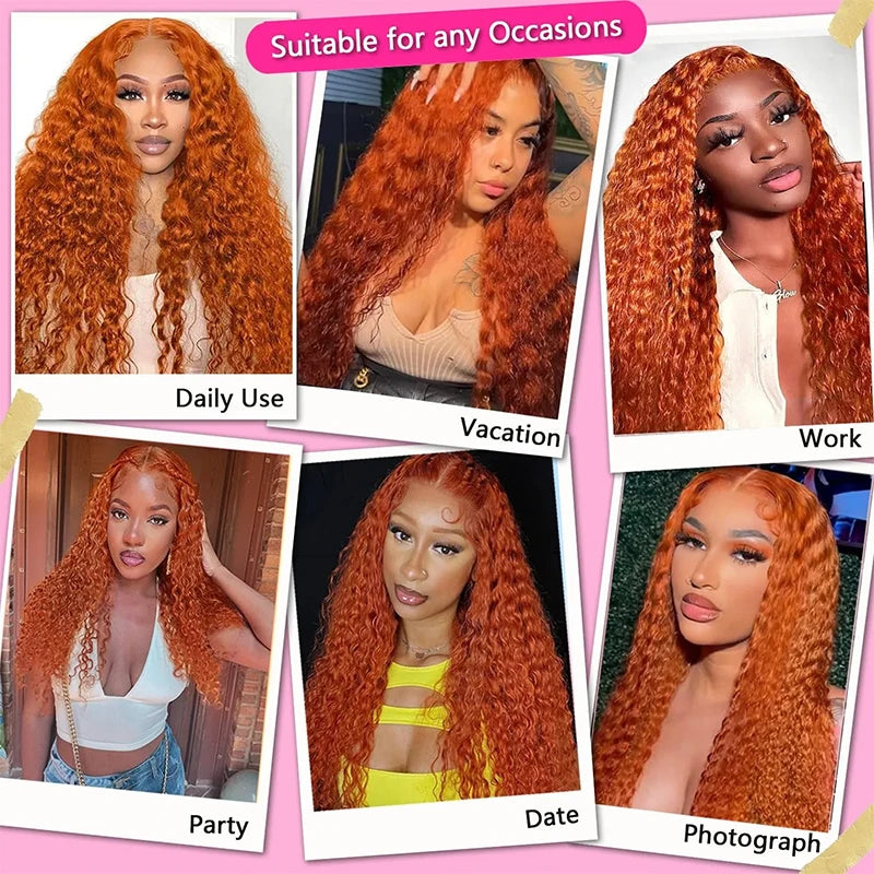 220% Density Ginger Orange Water Wave #350 Colored 13x6 HD Transparent Lace Front Wig Human Hair Deep Curly Wigs Pre Plucked