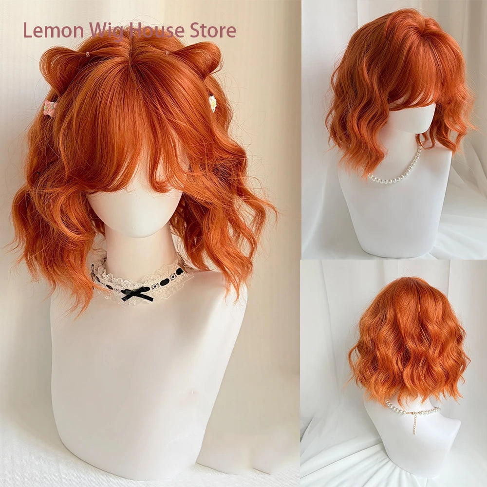 Short Wavy Orange Wig with Bangs 12inch Curly Hair Lolita High Quality Synthetic Wigs for Women Daily Cosplay Wig Heat Resistant