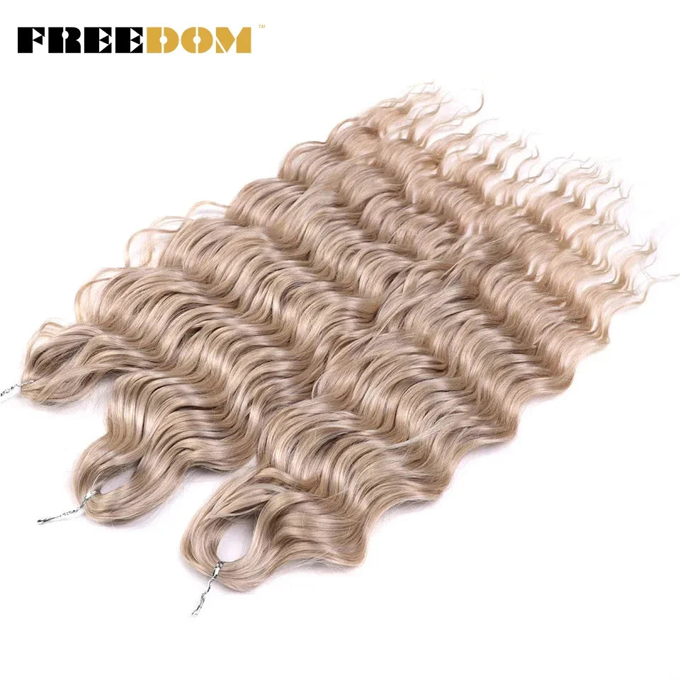 FREEDOM Synthetic Curly Braiding Hair Extensions 24 Inch/60 cm Long Deep Wavy Twist Crochet Braids Hair Ombre Brown Rainbow Hair