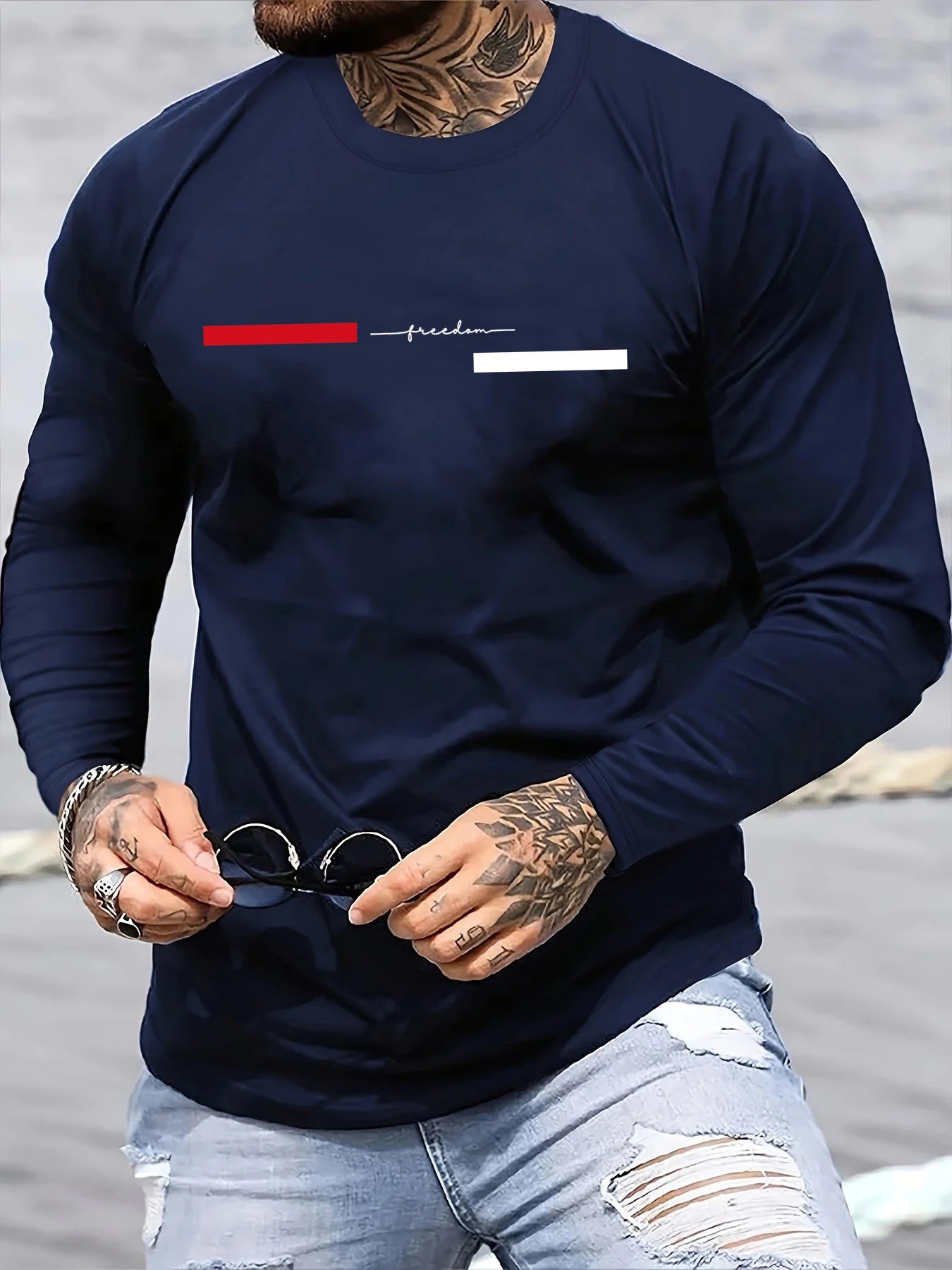 100% pure cotton men's long sleeved round neck loose casual freedom letter pattern printed spring and autumn versatile T-shirt