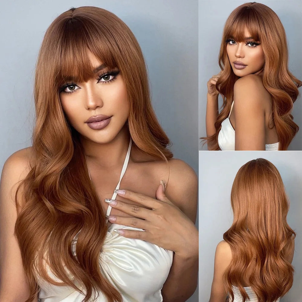 LOUIS FERRE Long Wavy Ombre Brown Wig with Bangs Synthetic Hair Wig Heat Resistant Daily Wear Office Party Cosplay Halloween