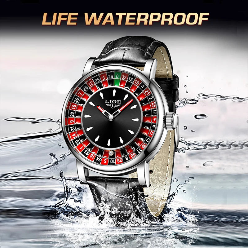 Lige Men's watches Featured Waterproof luminous quartz wristwatch Dial Las Vegas Roulette Table Desk Theme mens watch Reloj+BOX