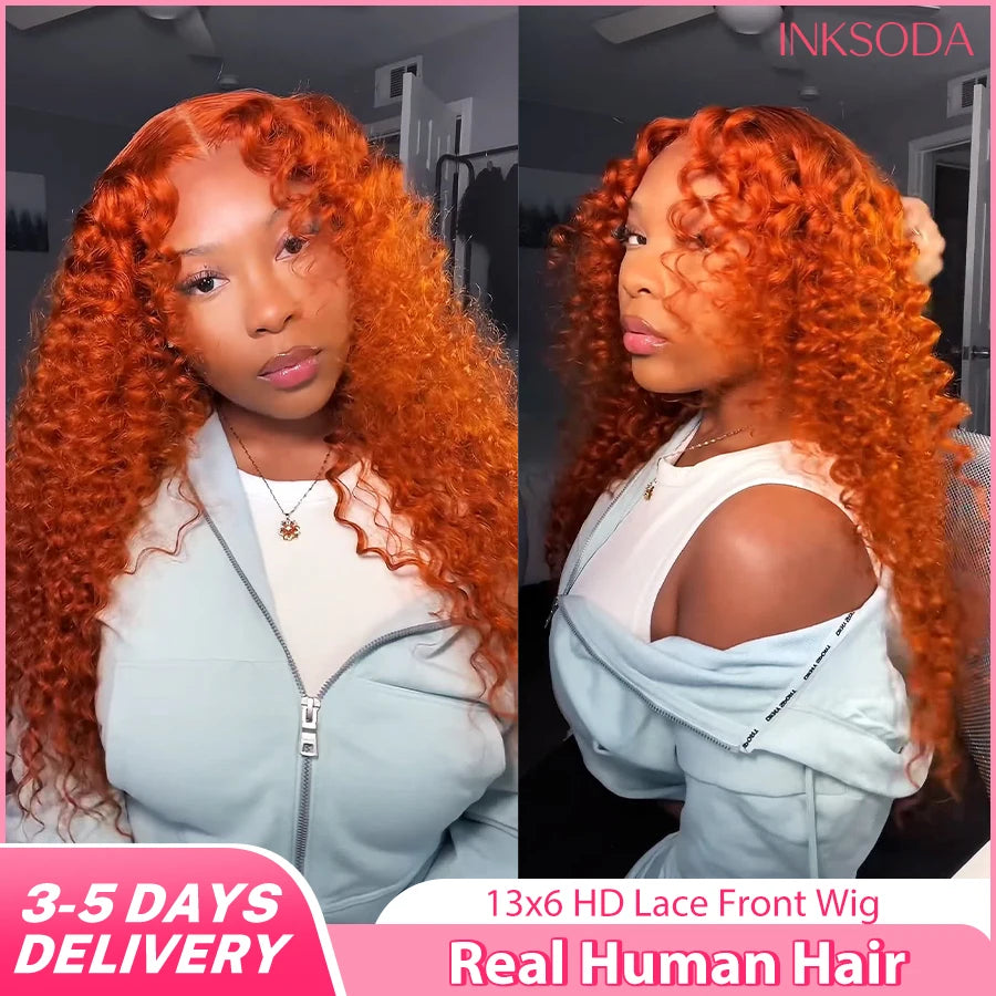 220% Density Ginger Orange Water Wave #350 Colored 13x6 HD Transparent Lace Front Wig Human Hair Deep Curly Wigs Pre Plucked