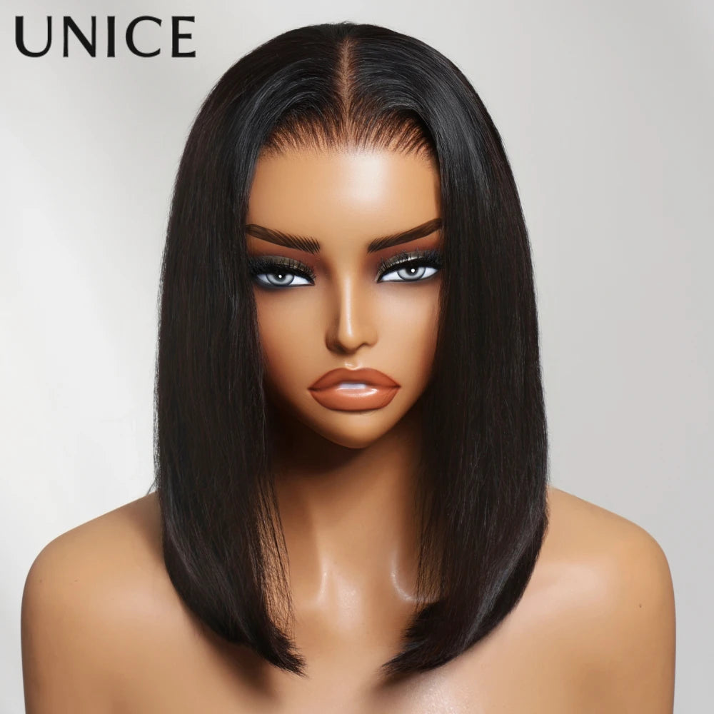 UNice Layered Cut Straight Bob Wig With Curtain Bang No-Slip 7x5 Lace Pre Cut Pre Bleached Glueless Wig Human Hair Ready To Wear