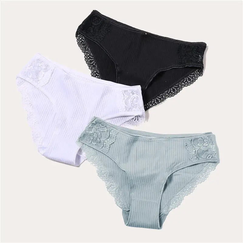 3PCS/Set 6 Color Women Panties Cotton Lace Briefs Solid Color for Female Striped Sexy Cotton Underwear Lingerie Low Waist Flower