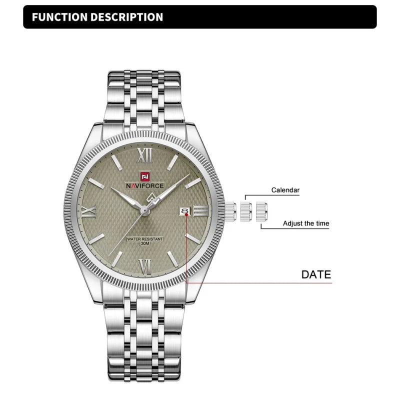 NAVIFORCE Men Elegant Business Stainless Steel Watch 30M Waterproof Luminous Hands Japan Movement Wristwatch Gifts box