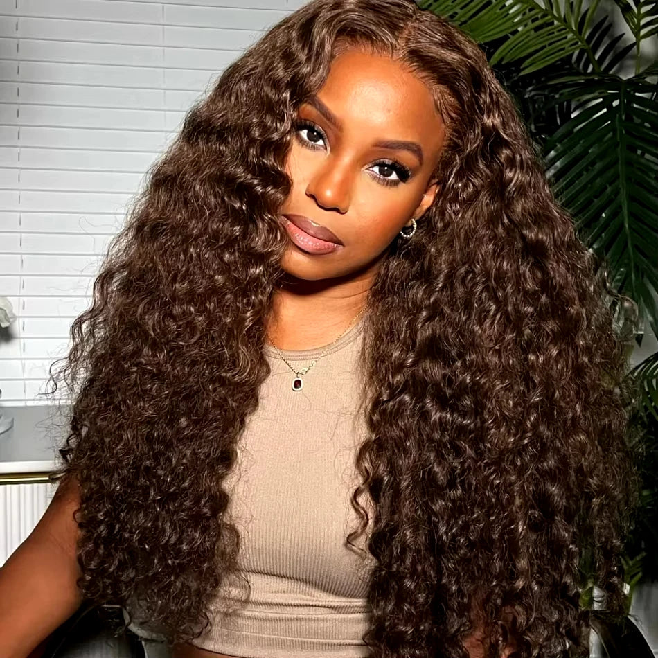 34 Inch Deep Wavy Lace Front Wig in Chocolate Brown Featuring 200 Density And 13X6 HD Lace. This Curly Human Hair Wig Is Ideal for Women And Comes with Pre-Added Natural Hair Threads in Shade 4 Brown