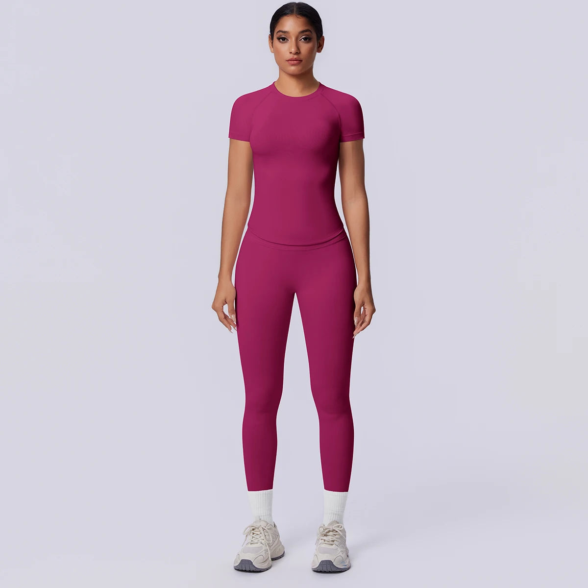 Rooftrellen New 2PCS/set Yoga Set Summer Quick Drying Fitness Sports Workout Top T-Shirt High Stretch Seamless Yoga Leggings Set