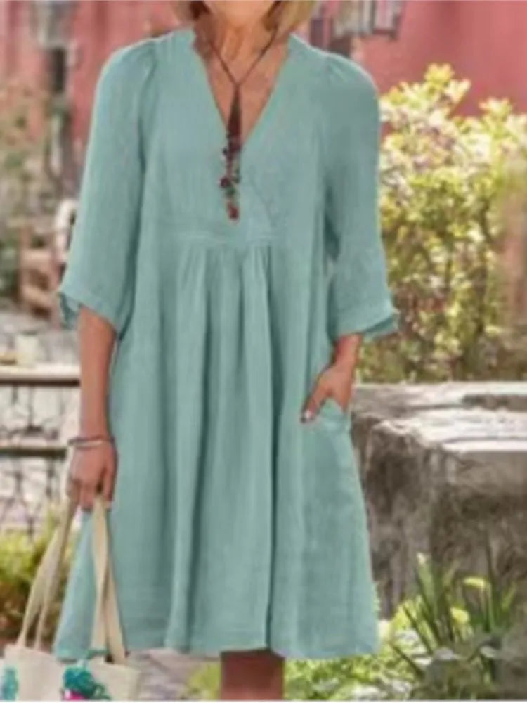 Cotton And Linen Dress For Women 2024 Autumn 3/4 Sleeve Casual Loose Solid Color V-neck Midi Dresses Elegant Women's Clothing