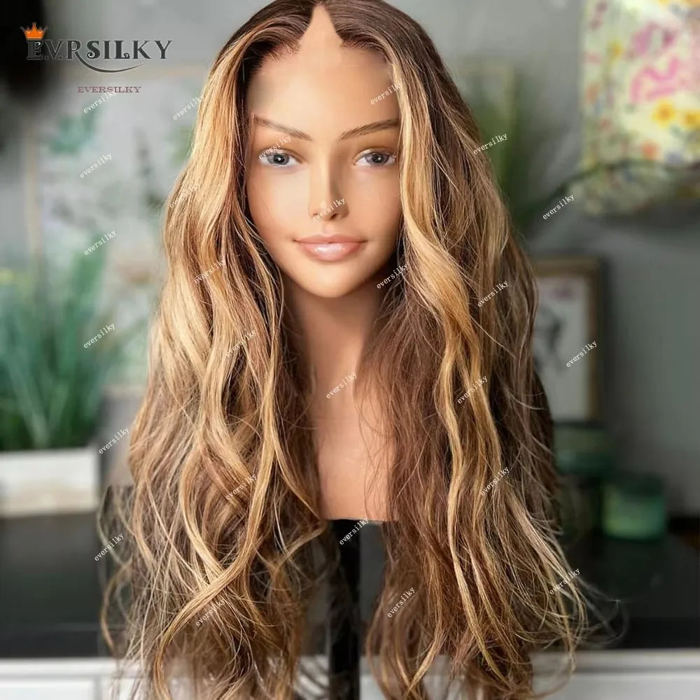 Highlights Honey Blonde Loose Wave V Part Wig 100% Human Hair Wig Ombre Chestnut Brown Body Wavy Cheap Full U Shape End 250%