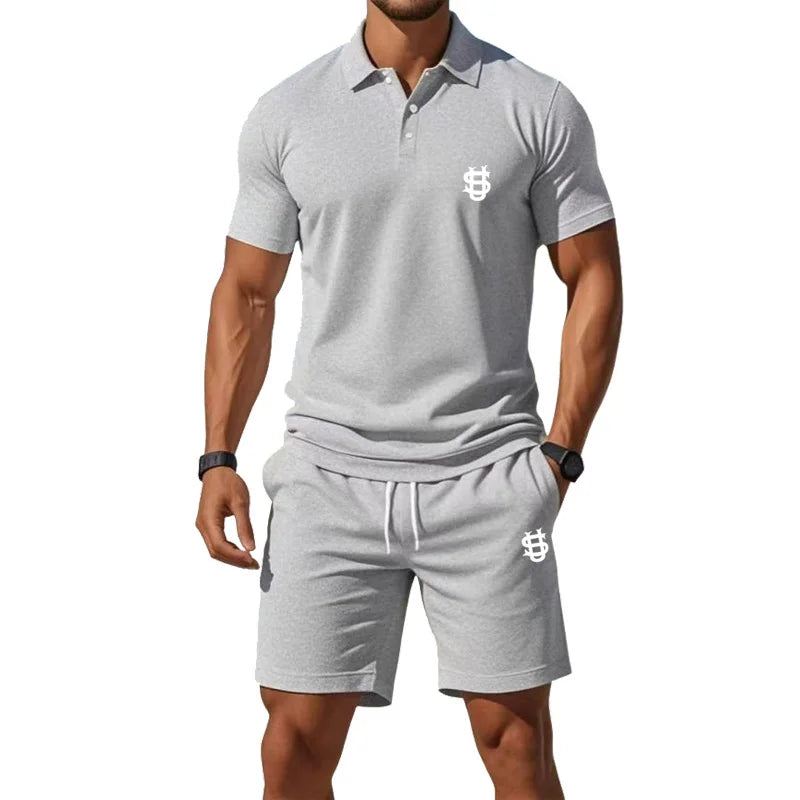 Men's summer sports outfit T-shirt top - two-piece set, including shorts, with a slim fit design and a gentleman's style