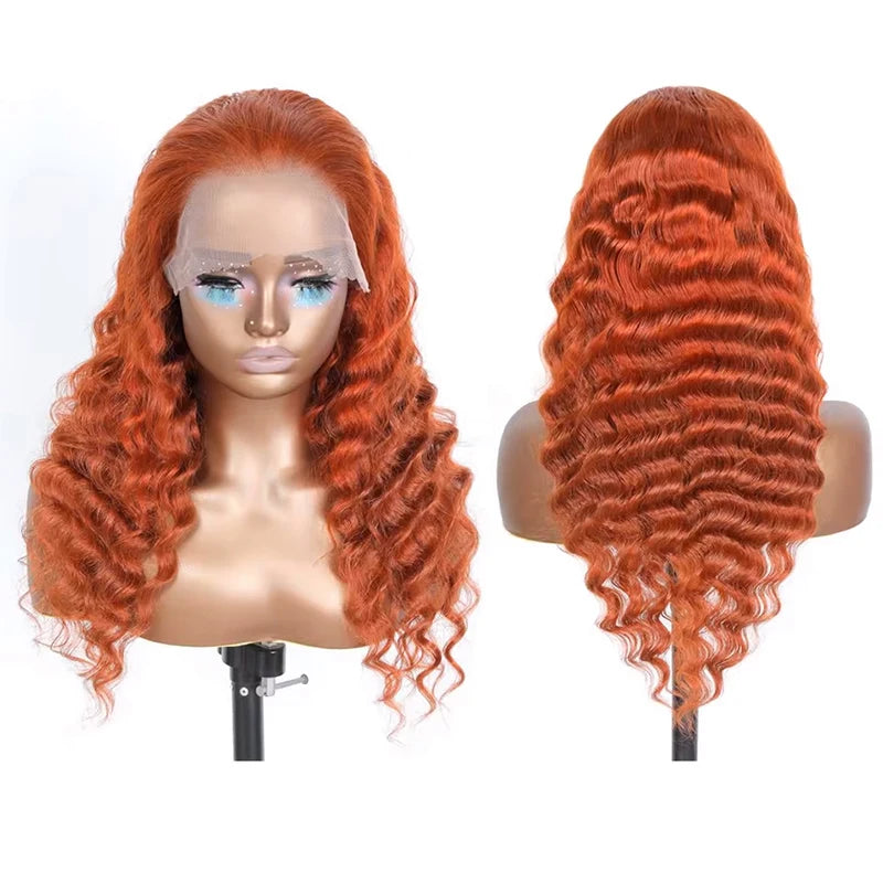 220% Density Ginger Orange Water Wave #350 Colored 13x6 HD Transparent Lace Front Wig Human Hair Deep Curly Wigs Pre Plucked