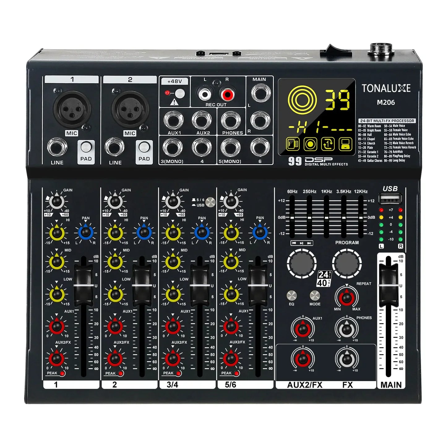 Fuluode M206/M208 Audio mixer 99 Preset DSP Effects 7-Band EQ Adjustment on Main Output Bluetooth USB MONO Input Connectivity