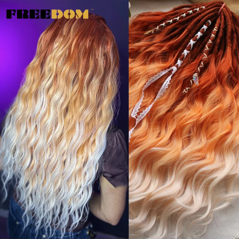 FREEDOM Synthetic Curly Braiding Hair Extensions 24 Inch/60 cm Long Deep Wavy Twist Crochet Braids Hair Ombre Brown Rainbow Hair