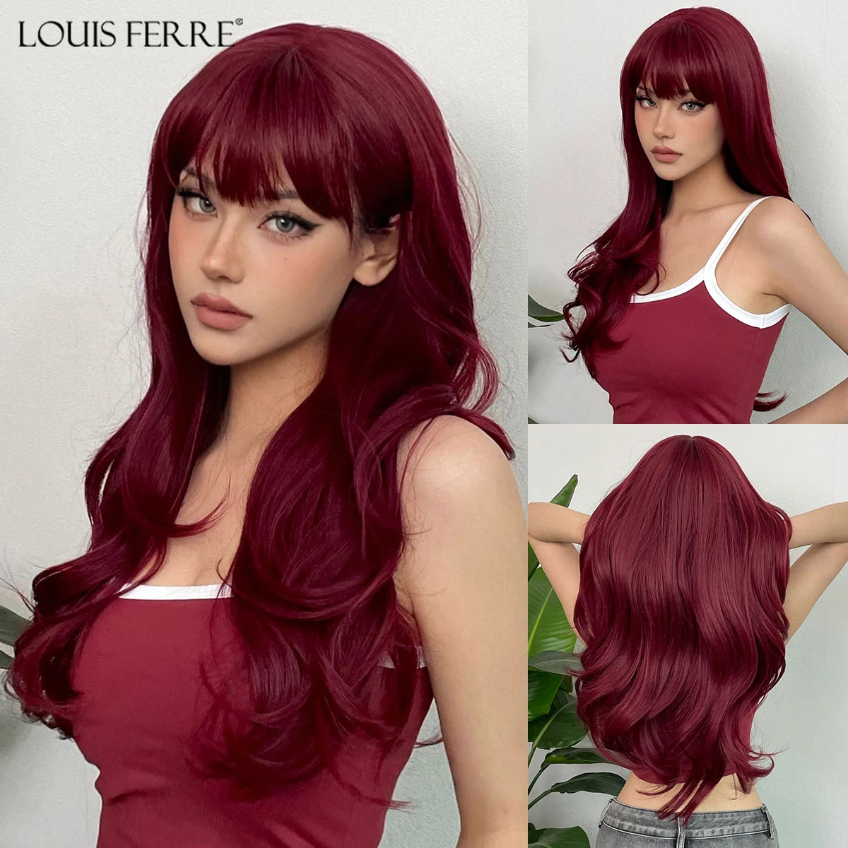 LOUIS FERRE Long Wavy Ombre Brown Wig with Bangs Synthetic Hair Wig Heat Resistant Daily Wear Office Party Cosplay Halloween
