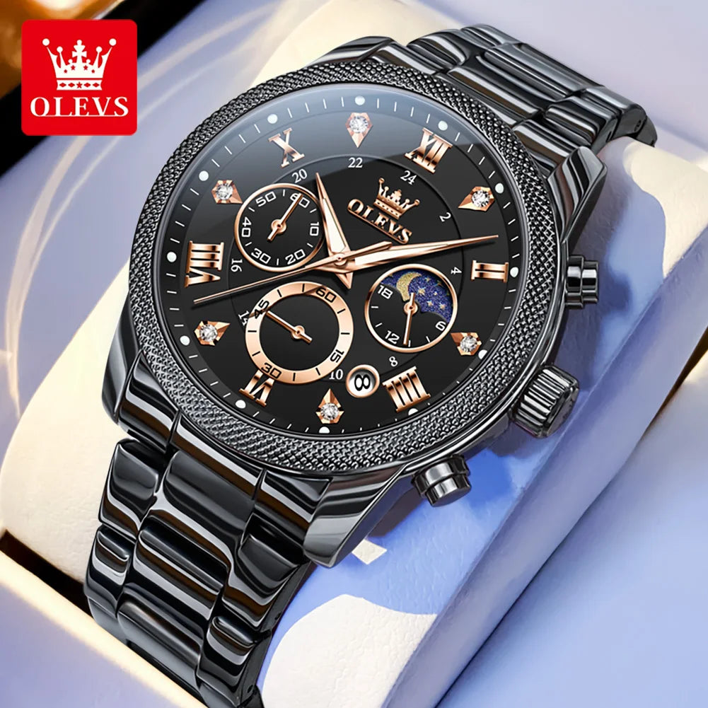 OLEVS Original Fashion Men's Watches Trendy 30m Waterproof Date Quartz Watch for Man luminous box moon phase Brand wristwatch