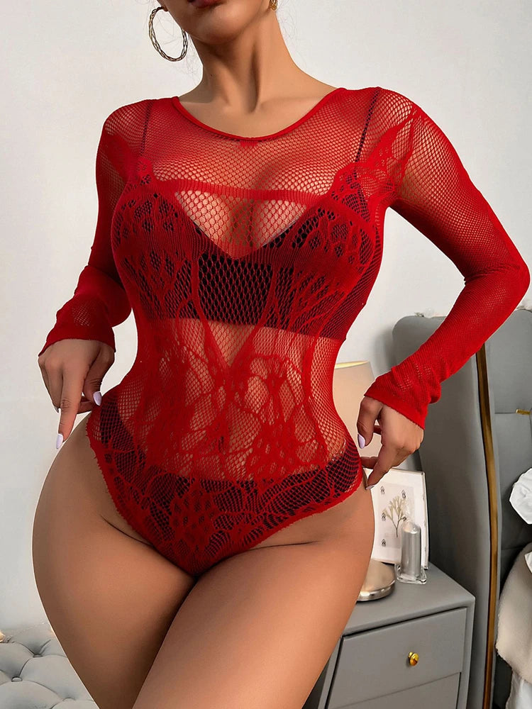 For Sexy Bold Body Underwear Fishing Net Transparent Body Suit Girl Slim Lingerie 2025 New Fashion Female Tights Outfits