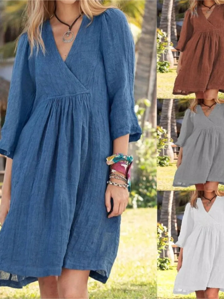 Cotton And Linen Dress For Women 2024 Autumn 3/4 Sleeve Casual Loose Solid Color V-neck Midi Dresses Elegant Women's Clothing