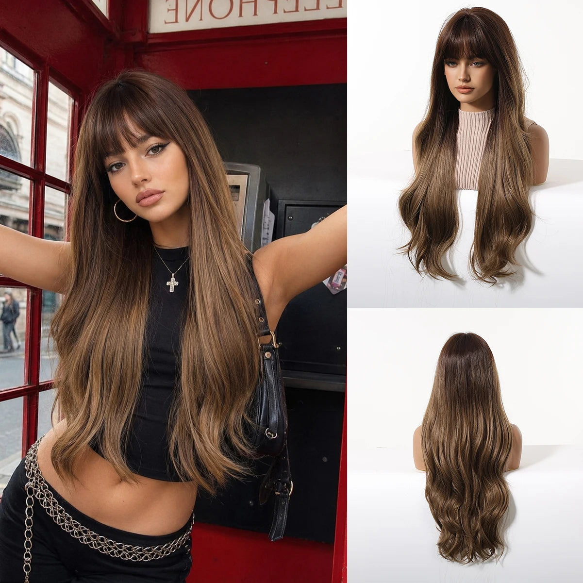 LOUIS FERRE Long Wavy Ombre Brown Wig with Bangs Synthetic Hair Wig Heat Resistant Daily Wear Office Party Cosplay Halloween