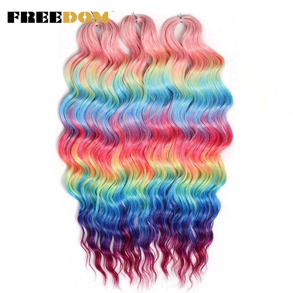 FREEDOM Synthetic Curly Braiding Hair Extensions 24 Inch/60 cm Long Deep Wavy Twist Crochet Braids Hair Ombre Brown Rainbow Hair