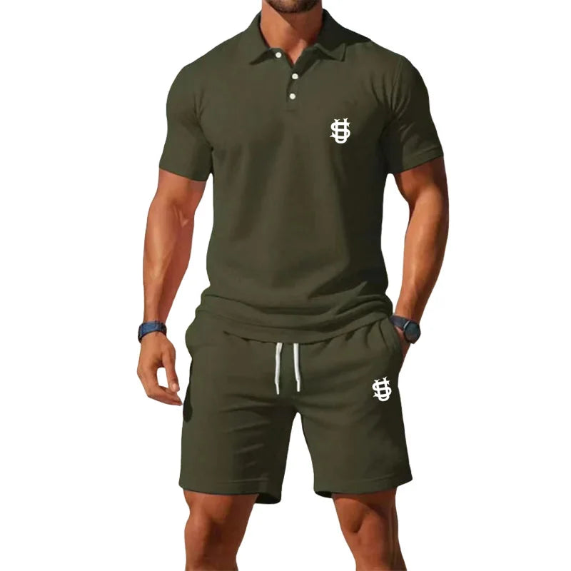 Men's summer sports outfit T-shirt top - two-piece set, including shorts, with a slim fit design and a gentleman's style